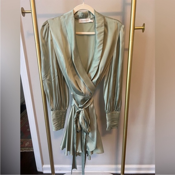 Zimmermann Silk Ruffle Wrap Dress Sage Green Size 1/ US 6 - Picture 5 of 12
